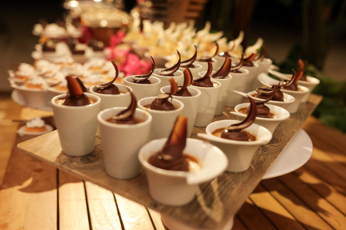 Chocolate dessert cups at a corporate dinner produced by The Grand Detail
