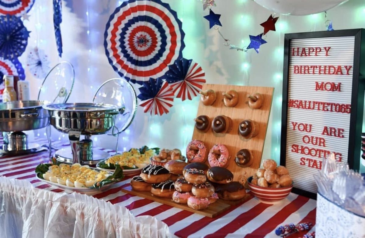 Themed food display at a 65th birthday party