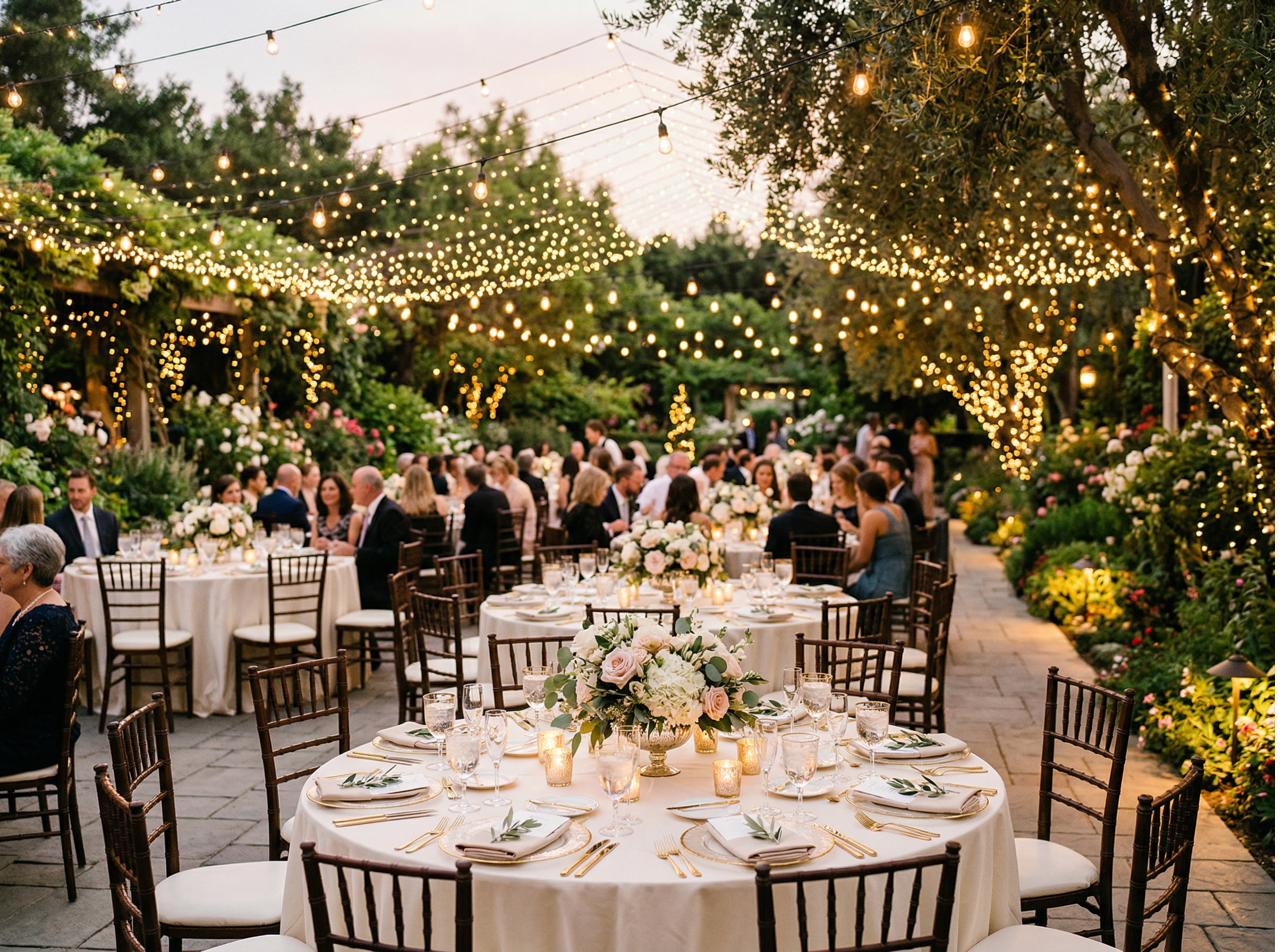 Romantic outdoor wedding reception with string lights in Florida